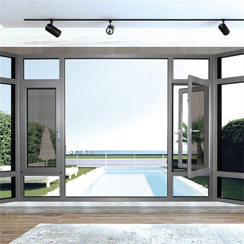 Vitres trempées Aluminium Champagne Couleur Aluminium Casement Fenêtres avec écran pliable