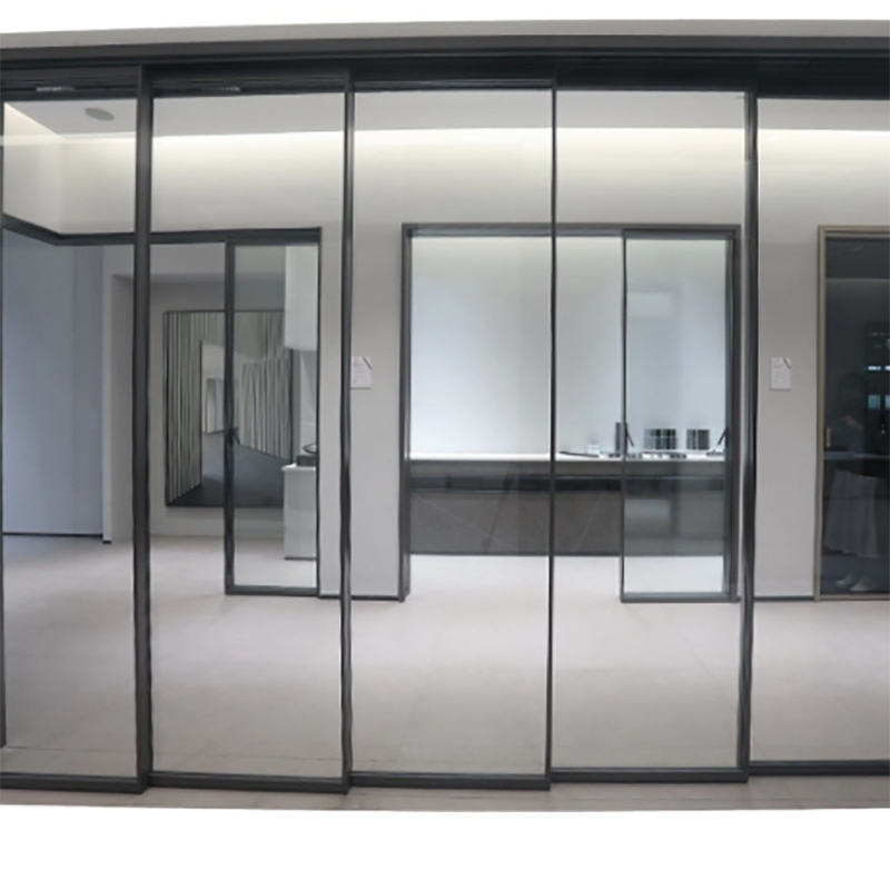 Porte coulissante double en verre en aluminium à cadre étroit avec méthode d'ouverture par traction en roulement