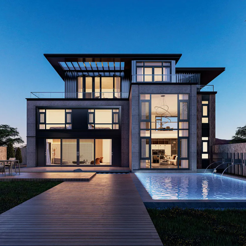 Type de rideau suspendu Villa Casement fenêtres avec 70 mm large cadre en aluminium et verre français